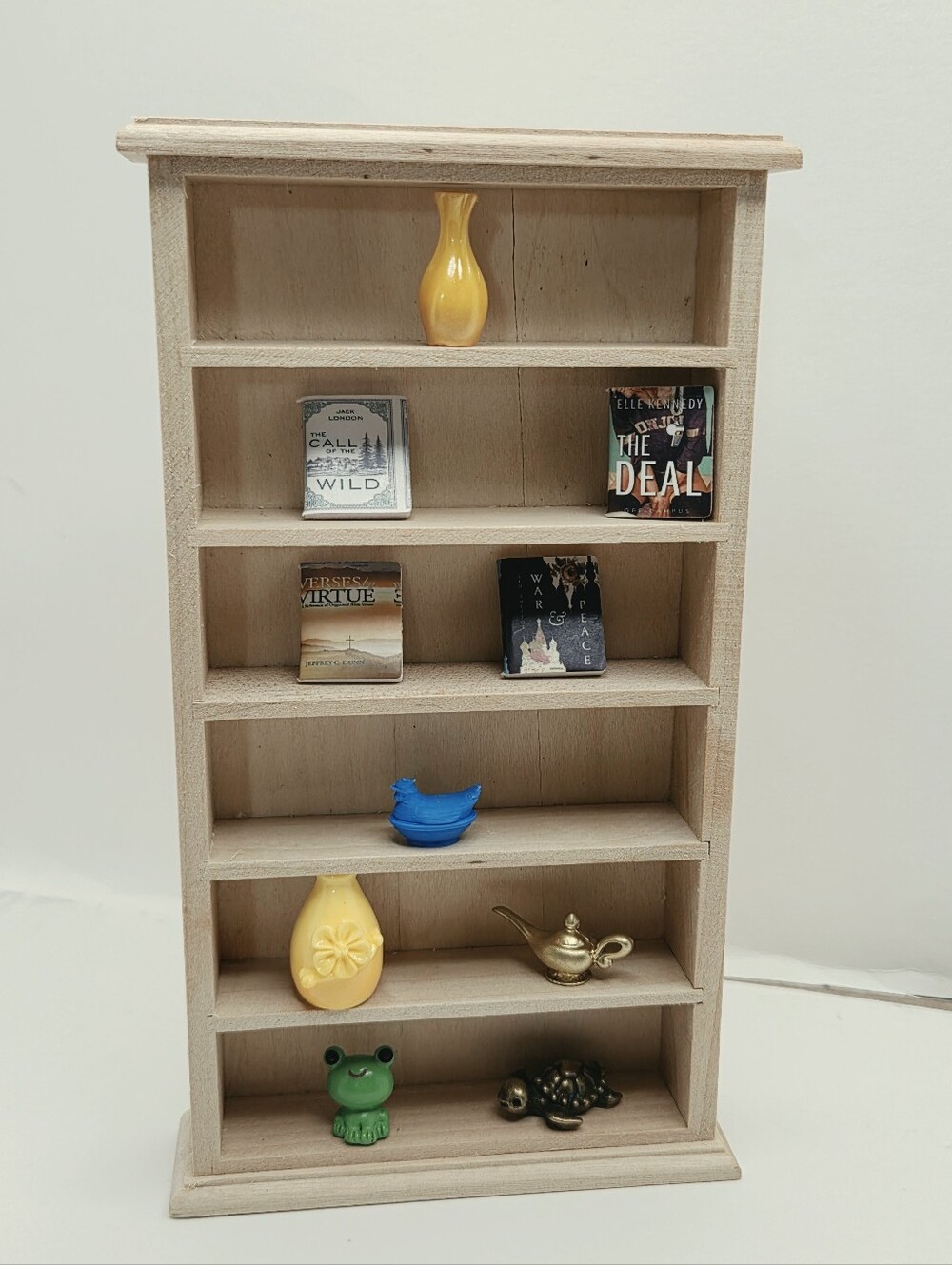 Miniature Unfinished Wood 6 Tier Bookcase with Accessories Plus MYSTERY BAG
